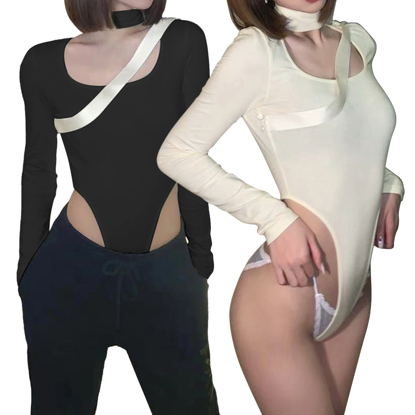

Woman's Sexy Solid Color Buttons Casual Jumpsuit Halter Long Sleeve Elastic Slim Base One-piece Daily Life Spring And Autumn