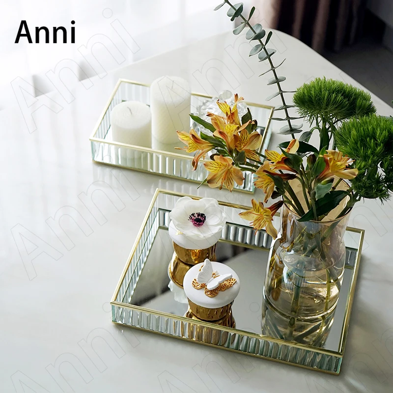 

Стеклянные зеркальные подносы с золотым ходом, декоративный современный журнальный столик в скандинавском стиле, настольная чашка, набор д...