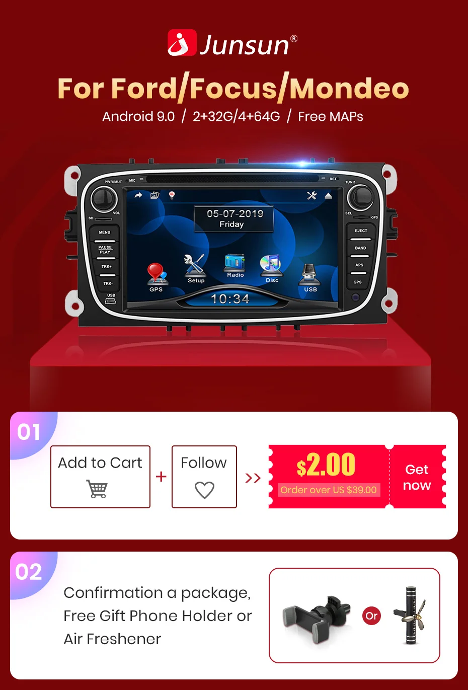 Junsun " Android 8,1 2 Din 2+ 32GB Автомобильный мультимедийный плеер gps Navi Авто DVD Радио для Ford Focus Mondeo S-Max C-Max Galaxy Kuga