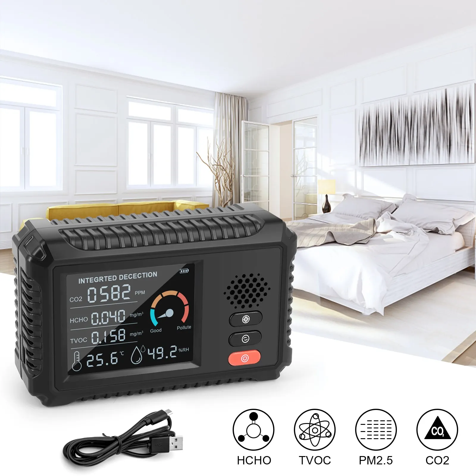 

5 In1air монитор качества, многофункциональный цифровой измеритель CO2 TVOC HCHO, детектор температуры и влажности с цветным ЖК-экраном