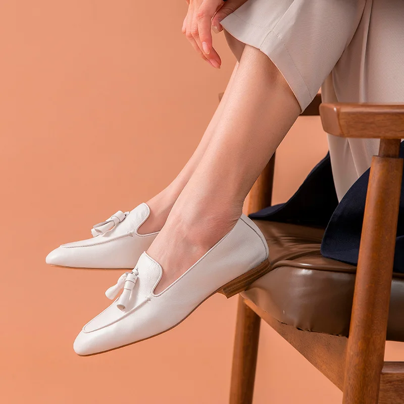 BeauToday Кожаные Мокасины Женская обувь из коровьей кожи бахромы на плоской подошве