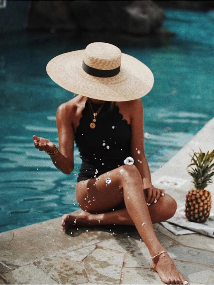 Летняя соломенная шляпа с большими полями женская черная Повседневная пляжная