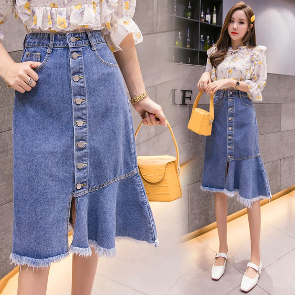 

New Summer Style Women Jeans Skirts Plus Size Casual Single Button Slim Over Hips Empire Middle Trumpet Cowboy Skirt For Females