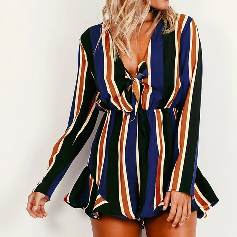 

Vertical Striped Onesies Sexy Deep V Bow Jumpsuit Long Sleeve Onesies Women's Streetwear Overalls