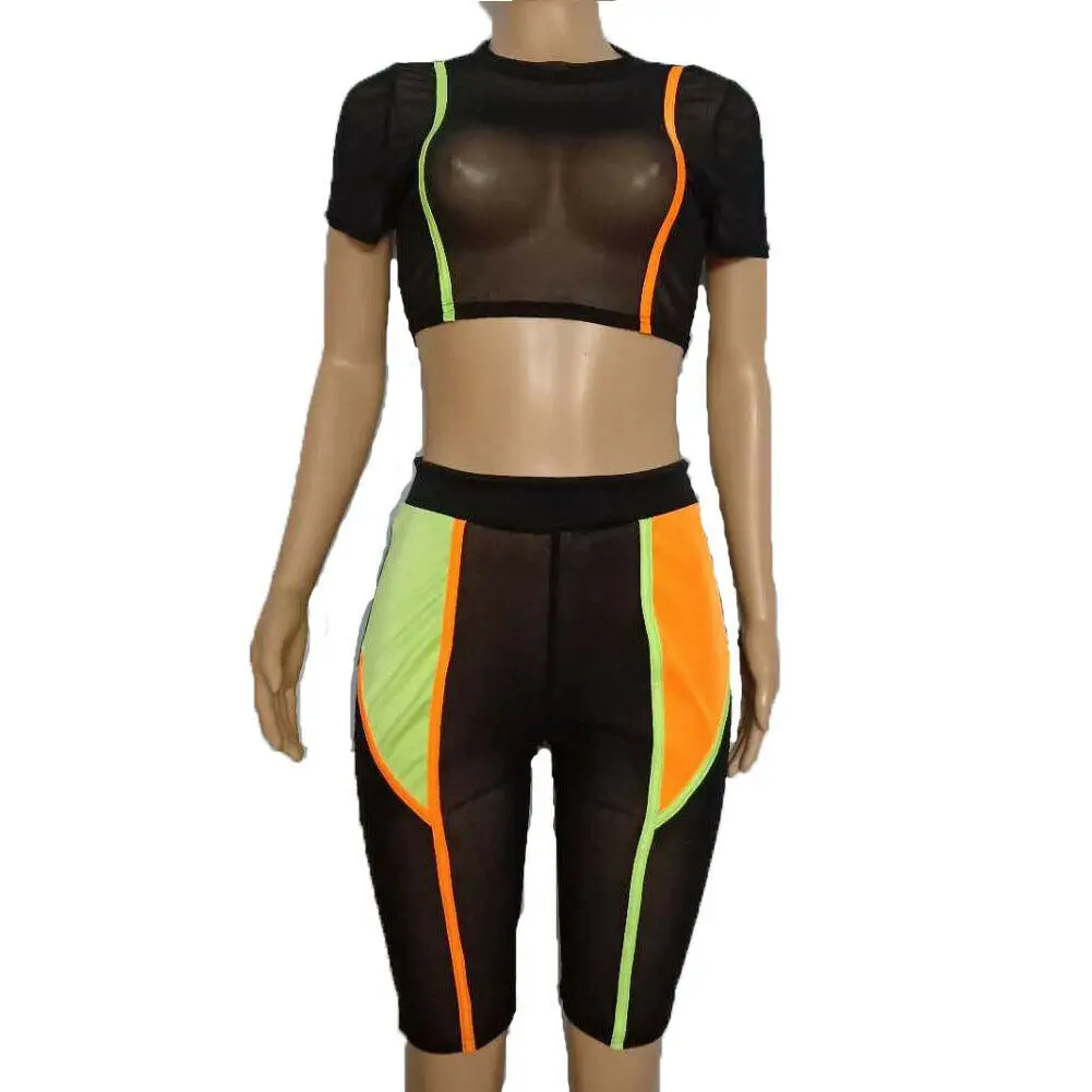 Women Summer 2Piece Set Crop Top and Shorts Bodycon Outfit Short Mesh Jumpsuit see through sexy women suit sportswear |