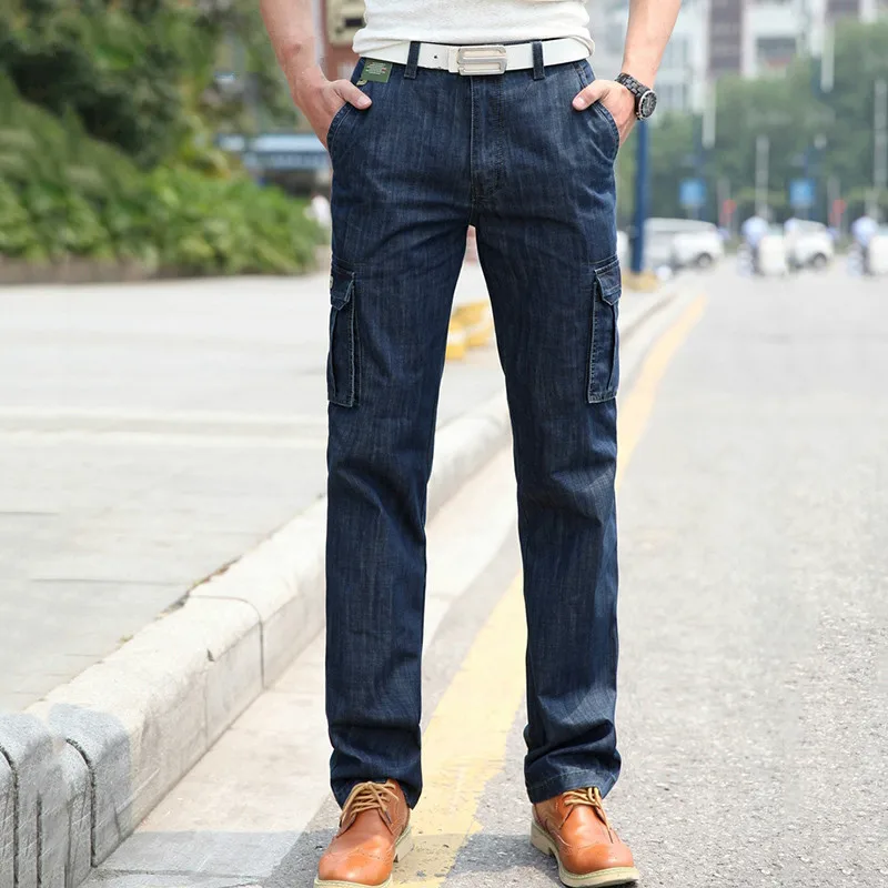 Men Brand Cargo Jeans Multi-pockets Military Biker Jeans Casual Streetwear Straight Denim Pants Tactical Male Jeans