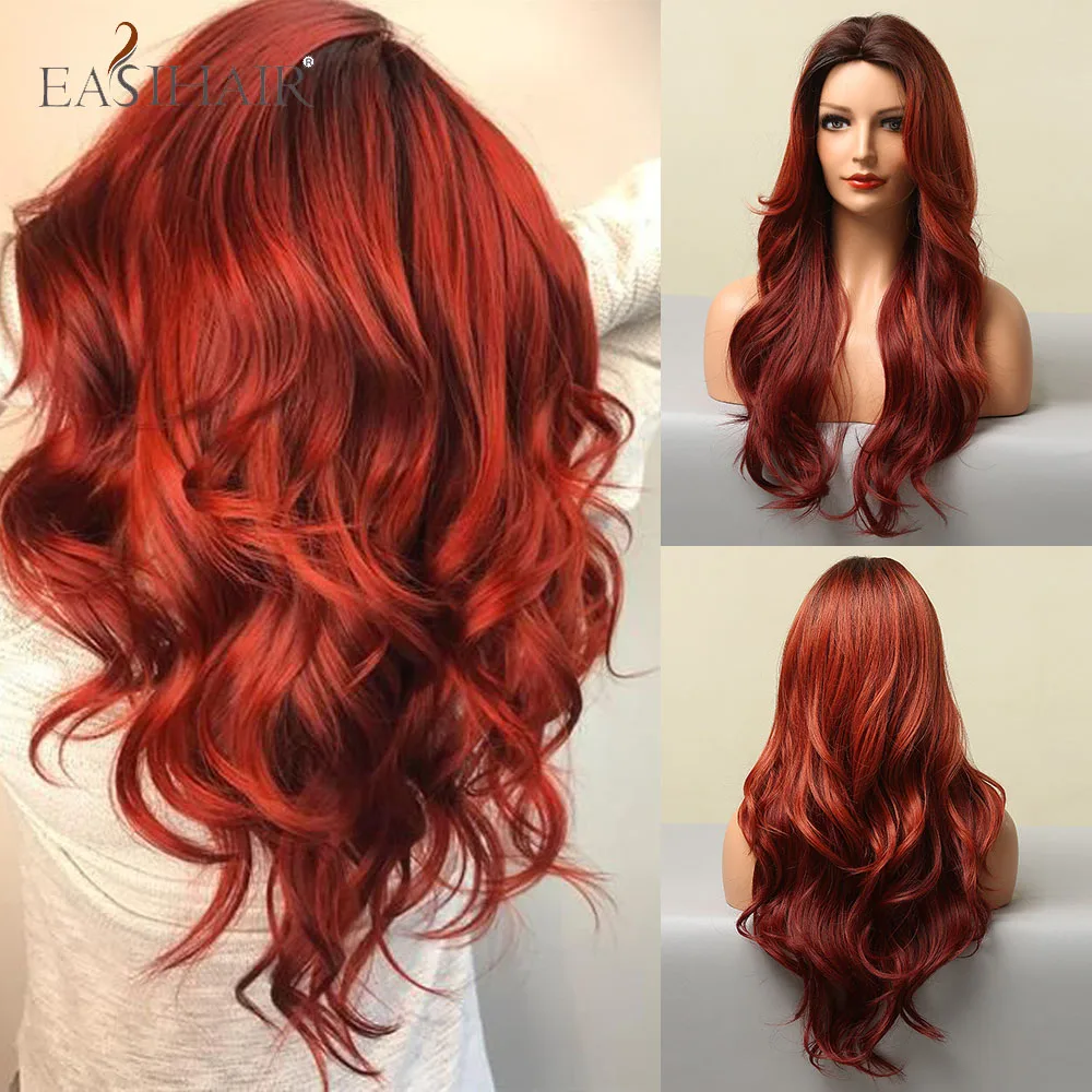 

EASIHAIR Long Red Wave Wigs With Dark Roots Synthetic Hair Wigs for Black Women Colorful Fiber Middle Part Heat Resistant Wigs