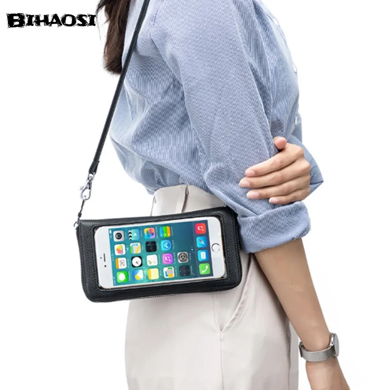 Women's Leather Bag Mobile Phone Bag Touch Screen Anti-theft Brush New Transparent Mobile Phone Mini Small Bag Long Wallet