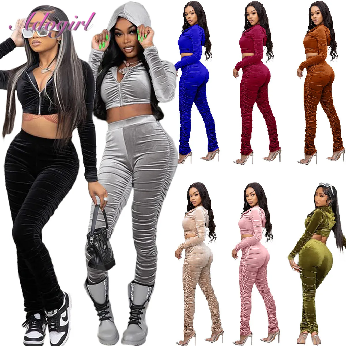 

Fitness Velvet Women Two Piece Sets Casual Long Sleeve Ruched Hoodies Jacket Tops Joggers Stacked Pants Outfit Workout Tracksuit