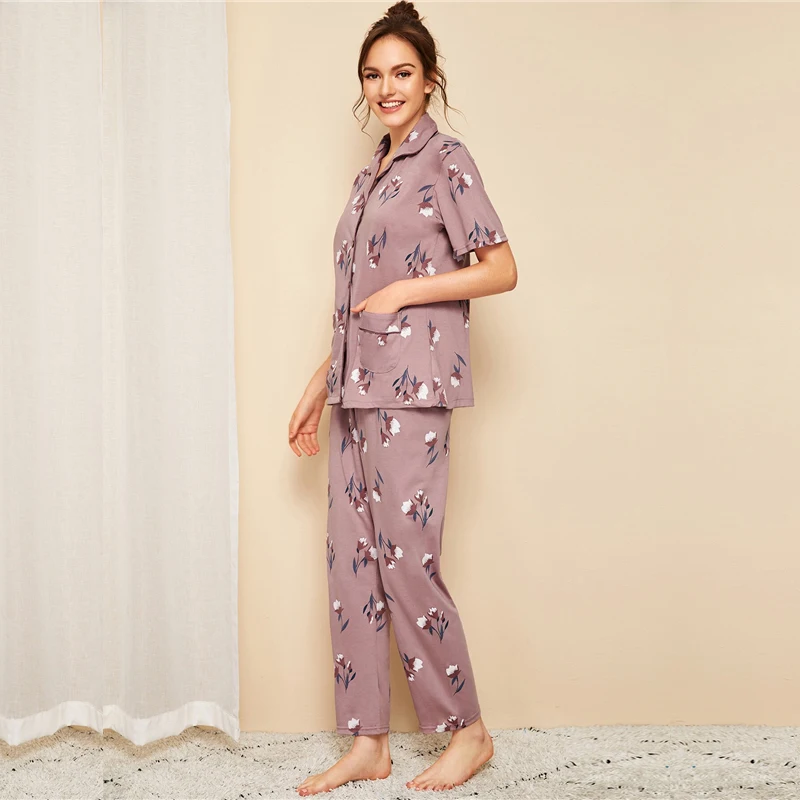 Dotfashion/топ с цветочным принтом и v-образным вырезом на пуговицах и штаны для женщин; коллекция года; осенние пижамные комплекты с карманами; женская повседневная одежда для отдыха