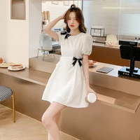 2021 summer new french minority design embossed texture bow heart machine waist exposed middle and long dress
