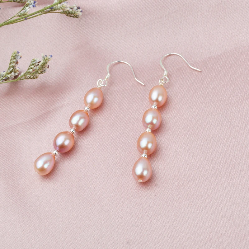 Женские длинные серьги капельки из серебра 925 пробы с натуральным пресноводным