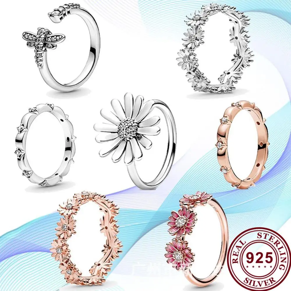 

2020 New 925 кольцо Silver Shiny Daisy Wreath Pan Ring For Women Wedding Party Gift Fashion Jewelry