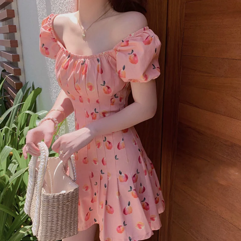 

Pink Elegant Kawaii Dr Women Floral Print Cherry Mini Dr Female Casual Sweet Japan Korean Style Summer Dr Women 2020