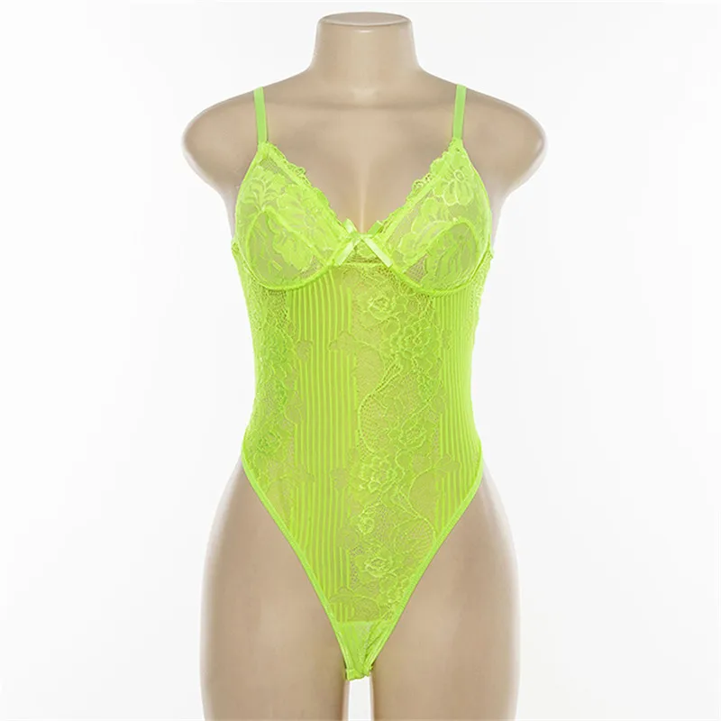 Neon Yellow Кружевное прозрачное боди для женщин с открытой спиной и прозрачным сетчатым бантом, сексуальный комбинезон, комбинезон, ремни Боди, стринги, Сетчатое боди - Цвет: Neon Yellow