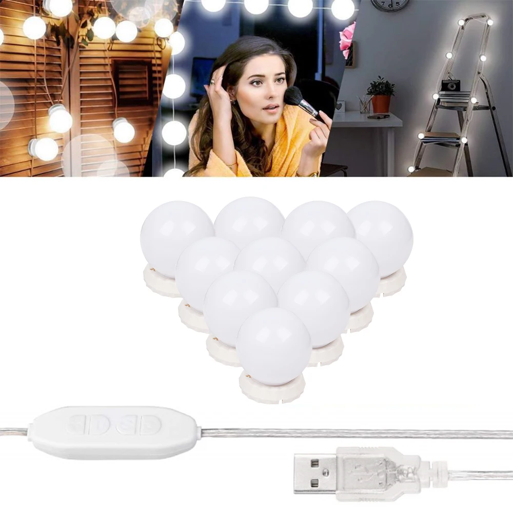 10 шт. USB светодиодный макияж зеркальные огни комплект тщеславие 3 цвета яркость регулируемая подсветка для голливудского стиля освещение приспособление использования