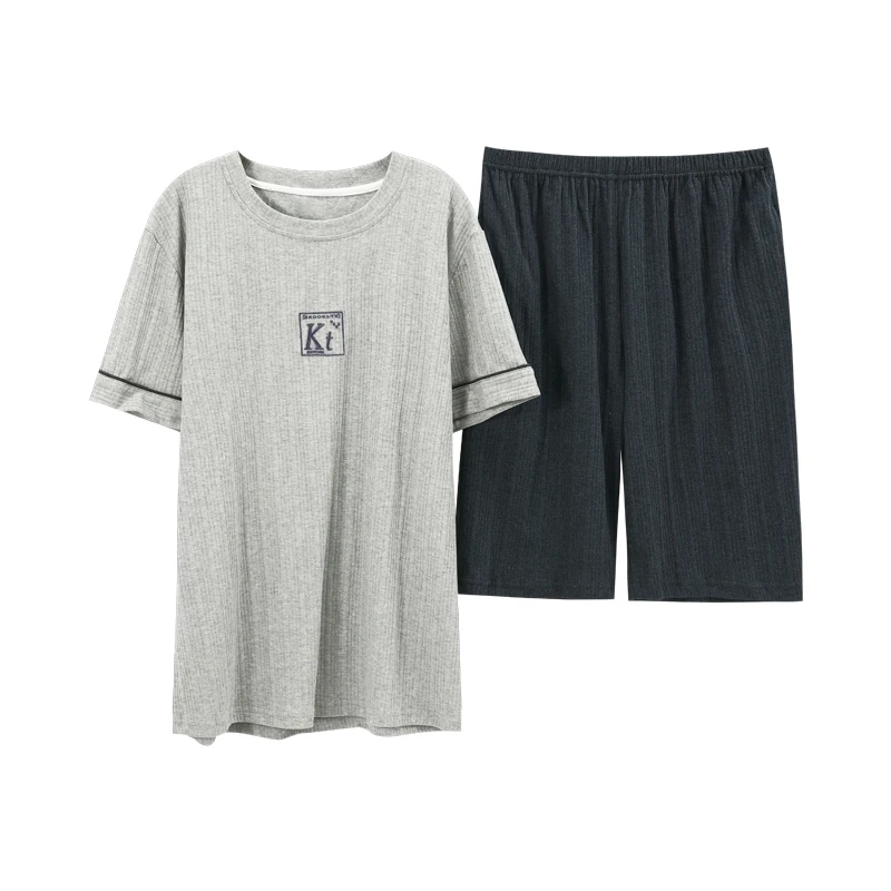 

Leisure Gray O-neck Short Sleeves Shorts Men Women Homewear Pajamas For Couples Summer Simple Letter Embroidery Cotton Sleepwear