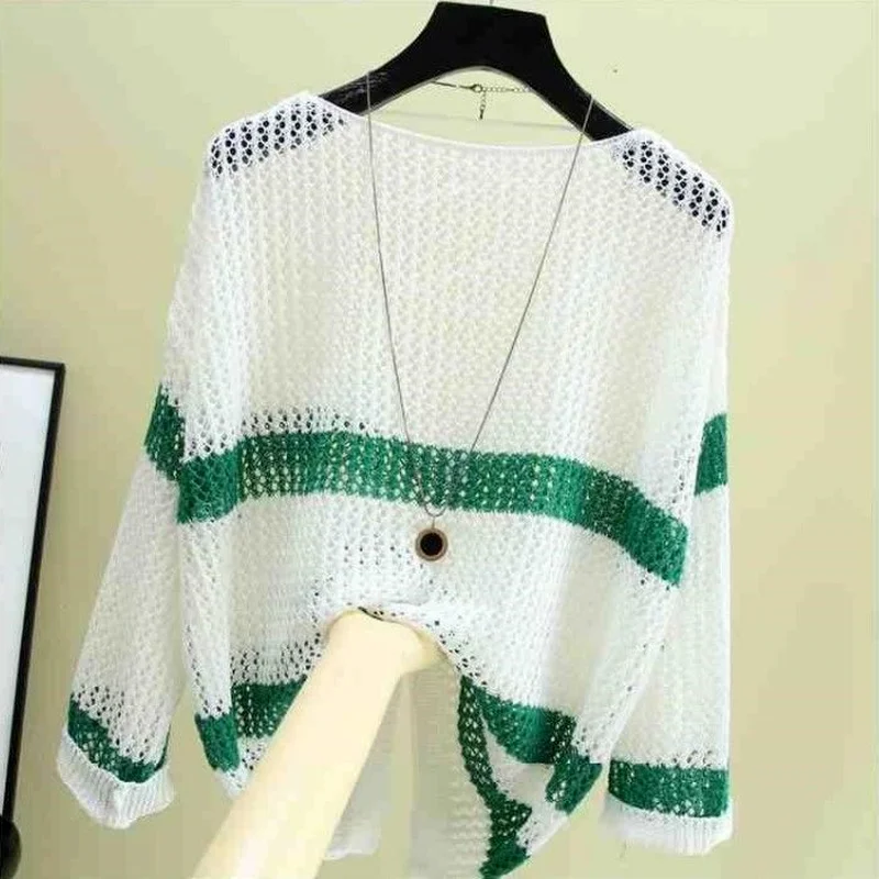 

Sexy Knitting Hollow Out Pullovers Women Color Striped Thin Sweater Jumper Loose Korean Style Tops 2021 Spring Autumn Y86