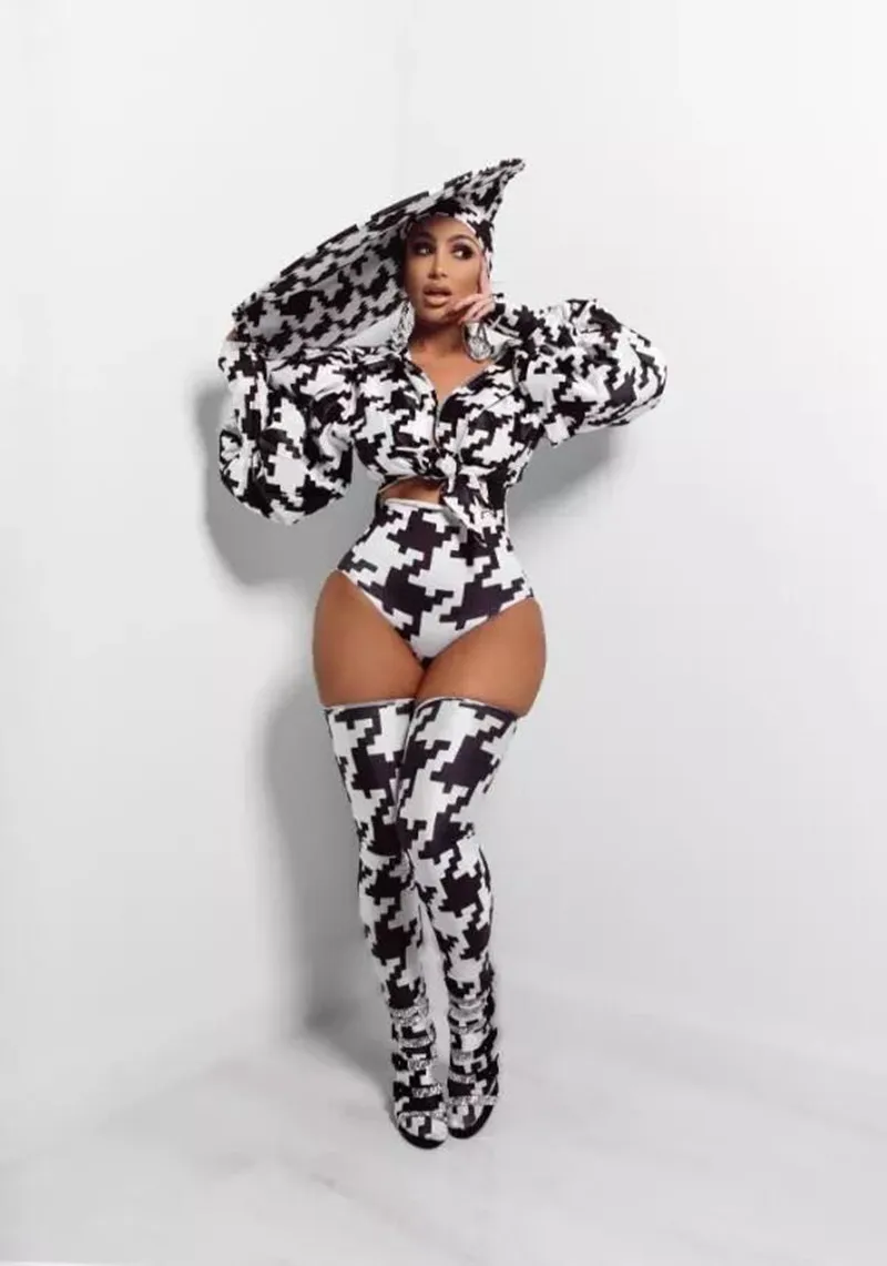 

Women Nightclub Stage Performance Costume Singer Dancer Jazz/Pole Dance Festival Party Outfit Black White Zebra Bodysuit Set
