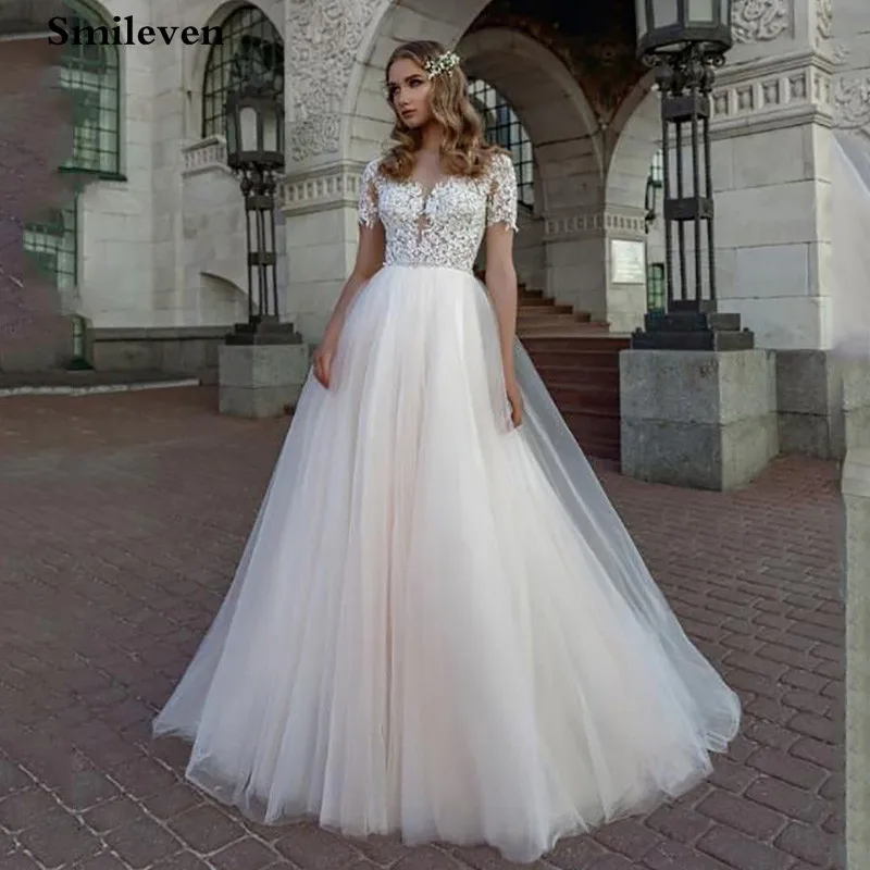 Свадебные кружевные платья а силуэта Smileven 2019 свадебные с коротким рукавом в