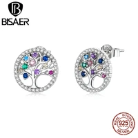 bisaer new 100 925 sterling silver zircon colorful life tree earrings for women girl stud earrings fashion jewelry gift efe497