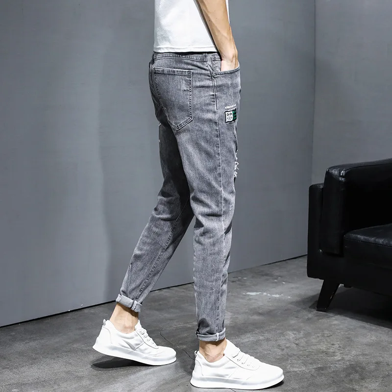 

Fashion 2021 student teen Denim Jeans men's trendy brand spring autumn new feet Korean casual summer thin ripped pencil pants