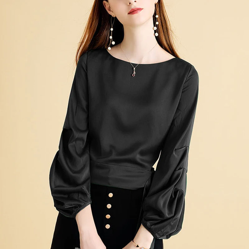 Женская свободная рубашка с длинным рукавом-фонариком и круглым вырезом | одежда