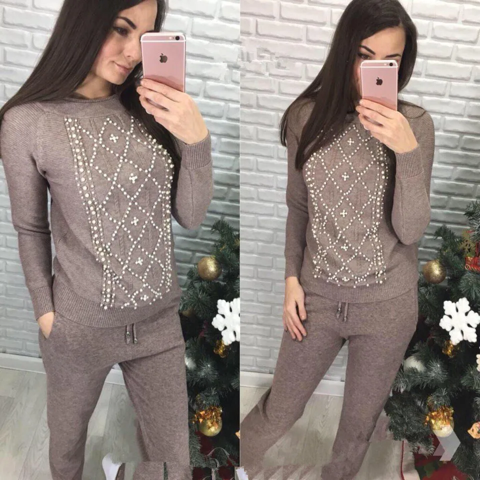 Khaki pearl Knitted tracksuit for women Hooded Sweater Casual knitted suit Women 2 Piece set Zipper long sleeve Sporting women's suit - Цвет: Khaki pearl
