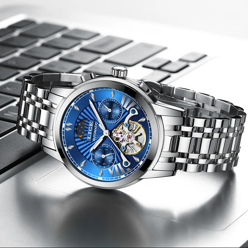 LIGE Роскошные автоматические механические мужские часы Классические деловые
