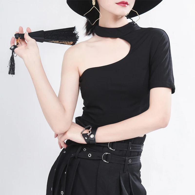 Off-the-shoulder High-waisted Short T-shirt Tide Niche Design Velcro Small Collar Knockout Unilateral Sleeve Female O-neck | Женская