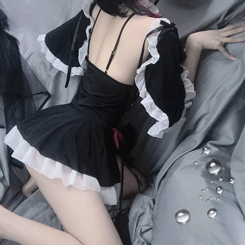 

Sexy European Erotic Lolita Cosplay Lingerie Costume Underwear Kawaii Mini Top Devil Roleplay Set Black Babydoll Bow For Women