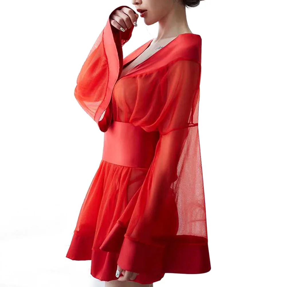 

Japanese Women Sexy Lingerie Sheer See Through Japanese Kimono Cosplay Costume Role Playing Short Robe with Bow