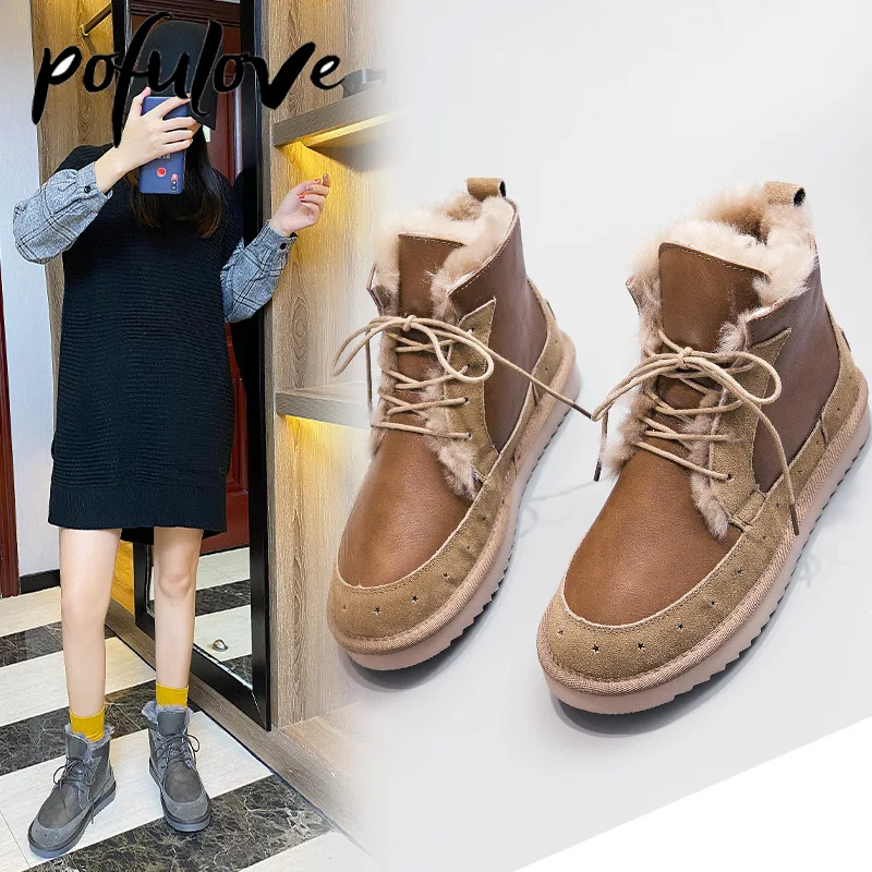 

Pofulove Retro Boots Women Genuine Leather Ankle Booties Black Fur Boots Fashion Design Vintage Platform Shoes Warm Botas