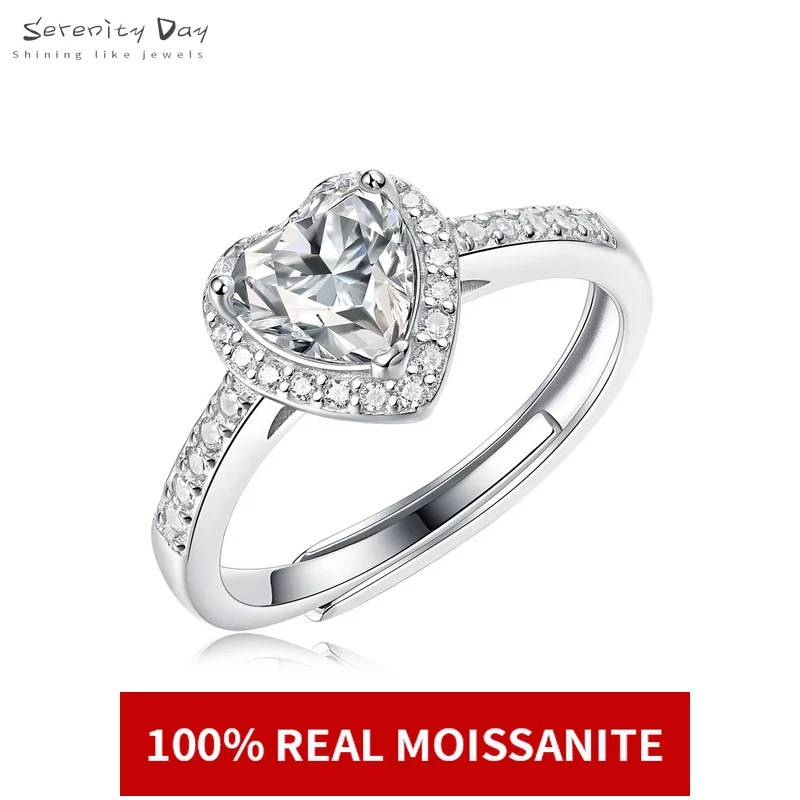 

Serenity Day S925 Silver Heart Ring for Women 100% 1 Carat Moissanite Resizable High Quality Jewelry for Wedding Engagement