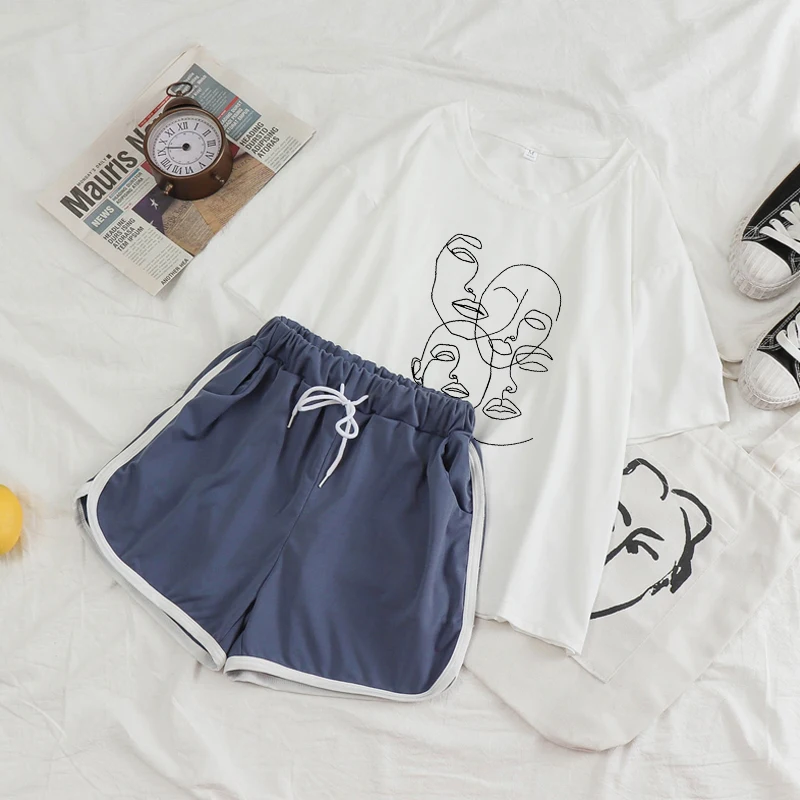 

2 Pc Set for Women Casual Outfit Shorts Set Art Printing Sports Suit Women's Summer Loose Ins Fashionable Tshirt Casual Suits