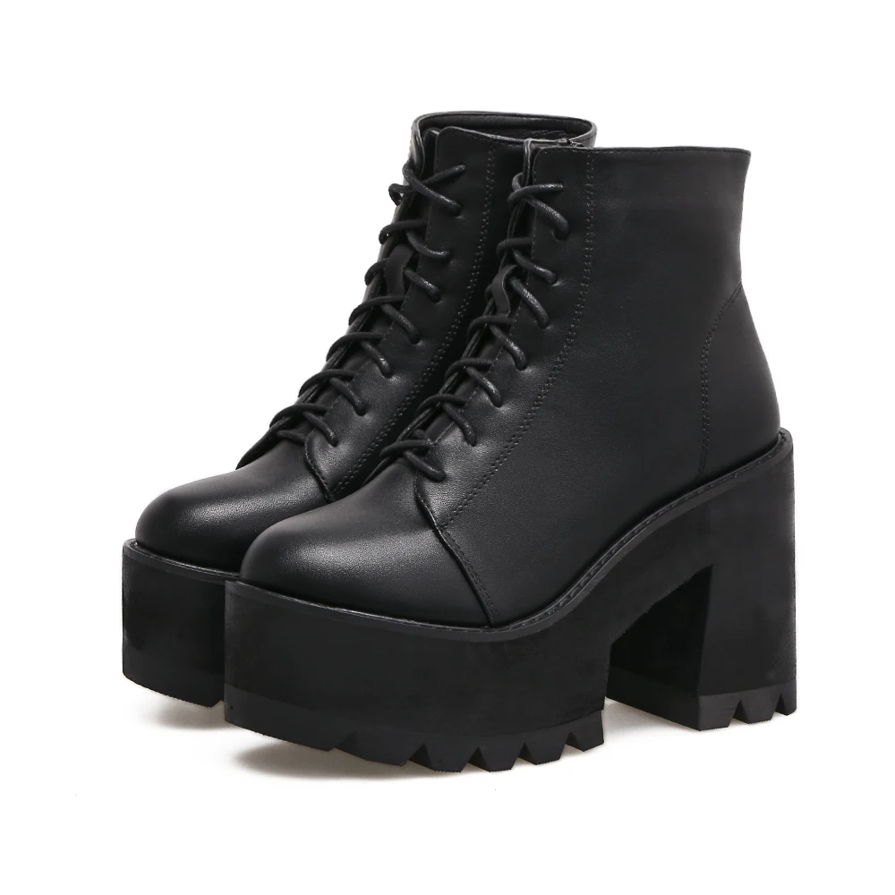 

Chunky Heel Short Boots Women's Thick Bottom Lace-up British Martin High Heel Japanese Platform Short Tube Motorcycle Boots