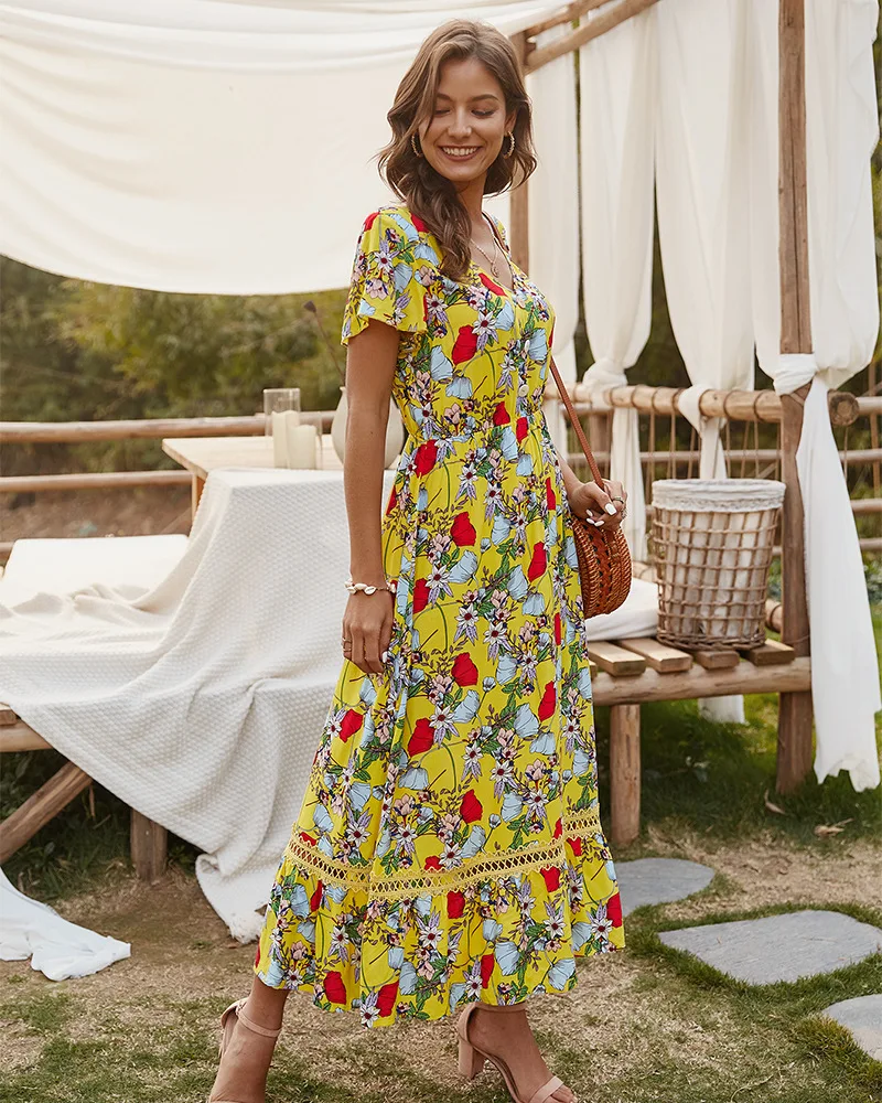 

Summer Casual Short Sleeve V-neck Printed Dress High Waist Hollow Out Pullover Dresses For Women