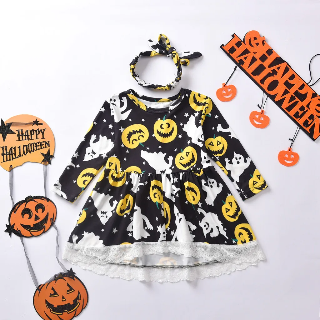 Платья для девочек малышей маленьких Хэллоуин с тыквой призраками кружевное