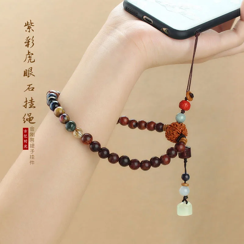 

Chinese element mobile phone lanyard tiger eye wooden beads mobile phone chain Fulian King Kong anti-lost wrist rope female