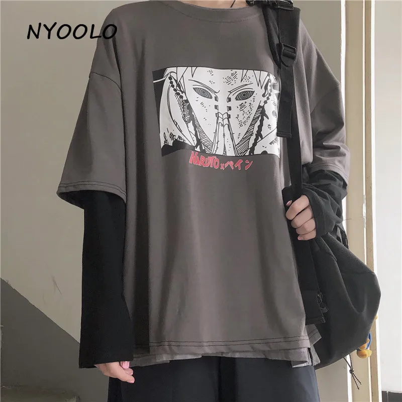 NYOOLO Harajuku Винтаж мультфильм Наруто печати поддельные 2 шт. Лоскутное Топ осень уличная одежда с длинным рукавом Футболка женская мужская одежда