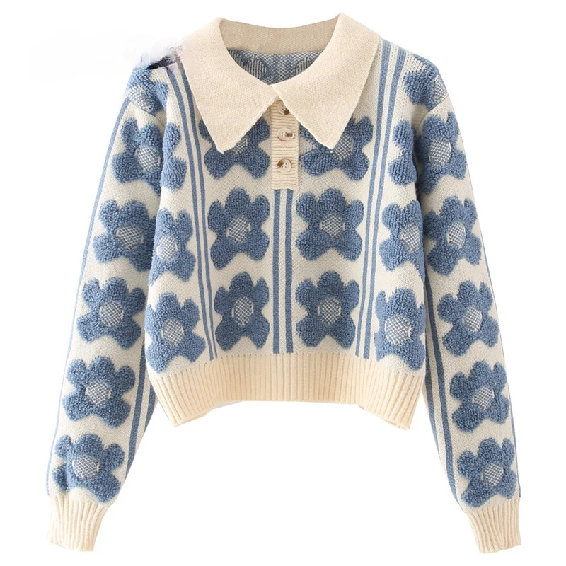 

Vintage Lapel Long Sleeve Floral Knitted Sweater Fashion Slim Warm Elegant Pullover Sweater Lady Casual Loose Chic Top 2020 New