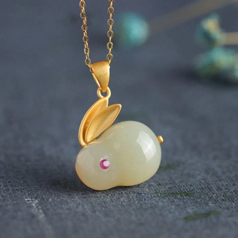 

Lovely Rabbit Necklaces Rings Studs Women Creative Khotan Jade Jewelry Sets Jade Bunny Pendant Choker 925 Sterling Silver Bijoux