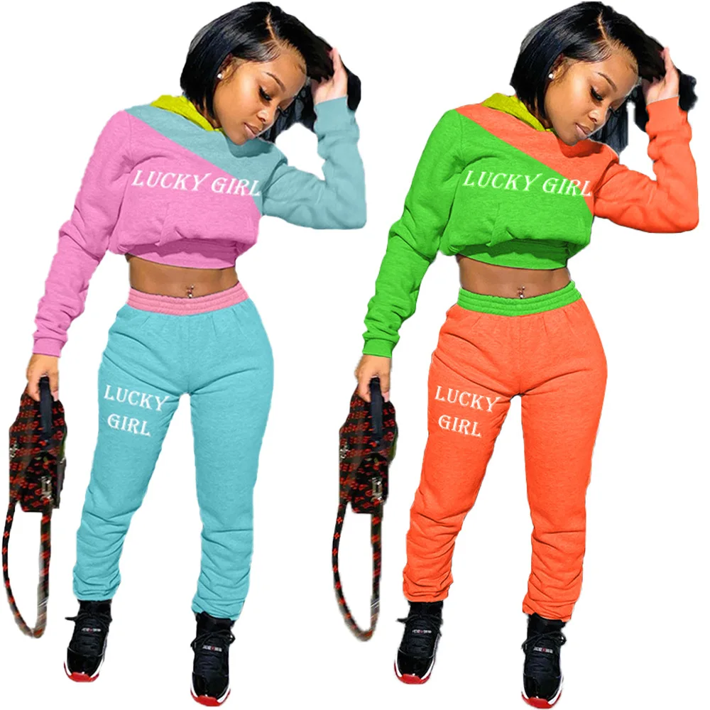 

Lucky Girl Letter Printed Workout Clothes For Women 2 Piece Matching Sets Long Sleeve Pullover Sweatshirt Top Dance Vintage Pant