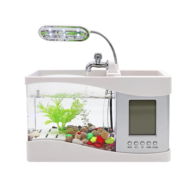 Aquarium USB Mini Aquarium Fish Tank Aquarium with LED Lamp Light LCD Display Screen and Clock Fish Tank Aquarium