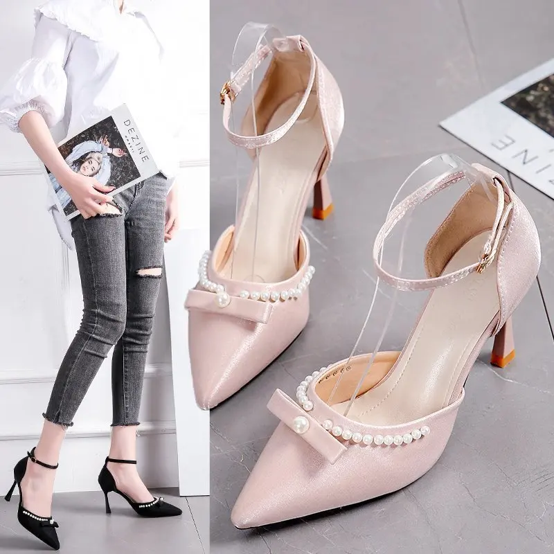 

Buckle Comfort Shoes for Women High Heel Sandals 2021 Summer Suit Female Beige High-heeled Fashion Closed New Clear Girls Strap