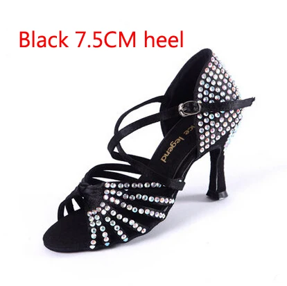 Black 7.5cm Heel Атласный верх Стразы Coverd Высокий каблук Женская обувь для латинских танцев профессиональный бальный Танго танцевальная обувь темно-коричневый черный - Цвет: Black 7.5cm Heel