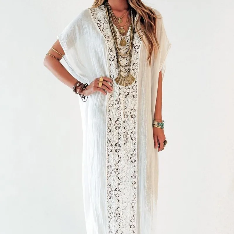 Женская пляжная туника длинные накидки для купального костюма Хлопковые вязаные