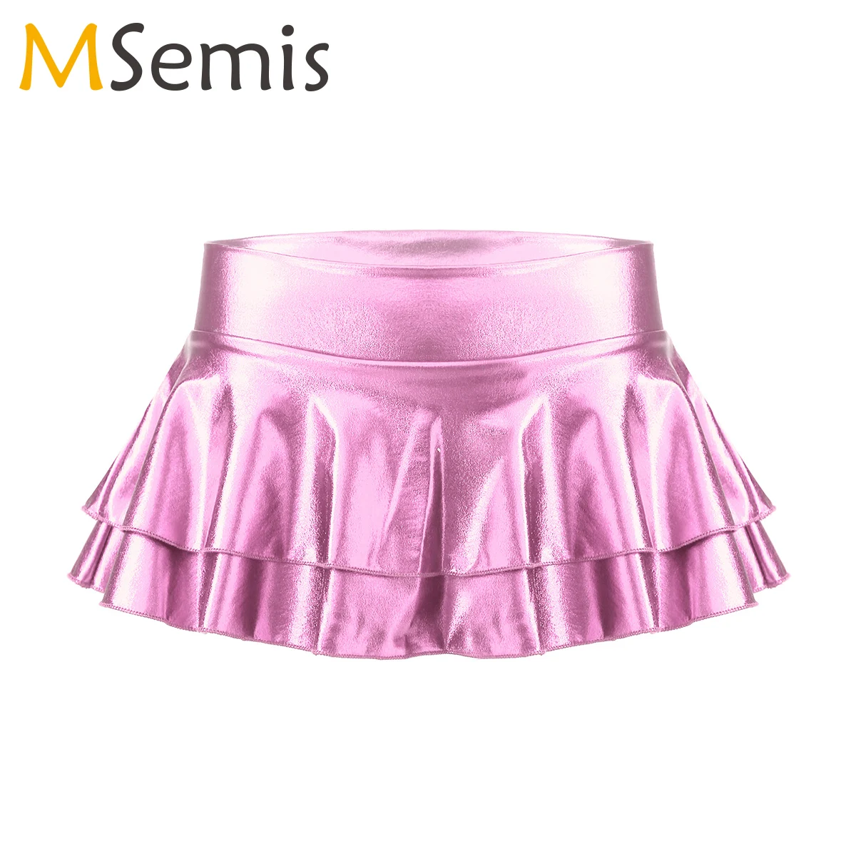 

Women Shiny Metallic Low Rise Ruffled Pole Dance Shorts Skirt Leather Club Party Dancing Festival Rave Costume Sexy Mini Skirts