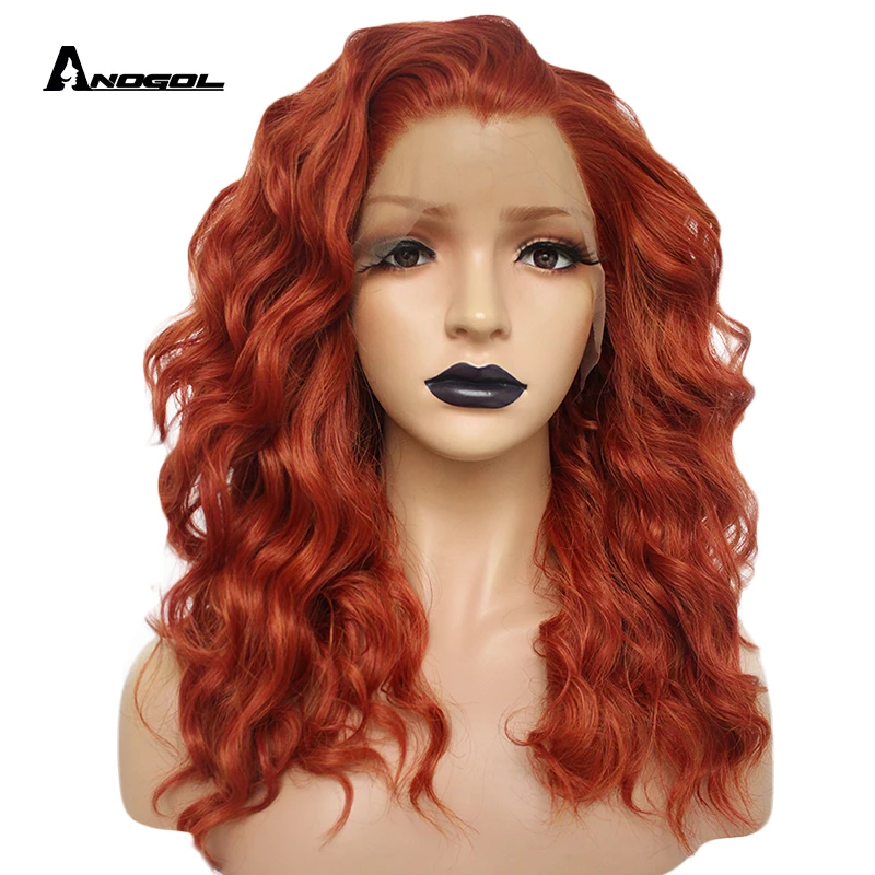 Anogol Lace Front Wig Bronzing Auburn Orange High Temperature Fiber Middle Deep Wave Hair Wigs Synthetic For Women Free Wig Cap