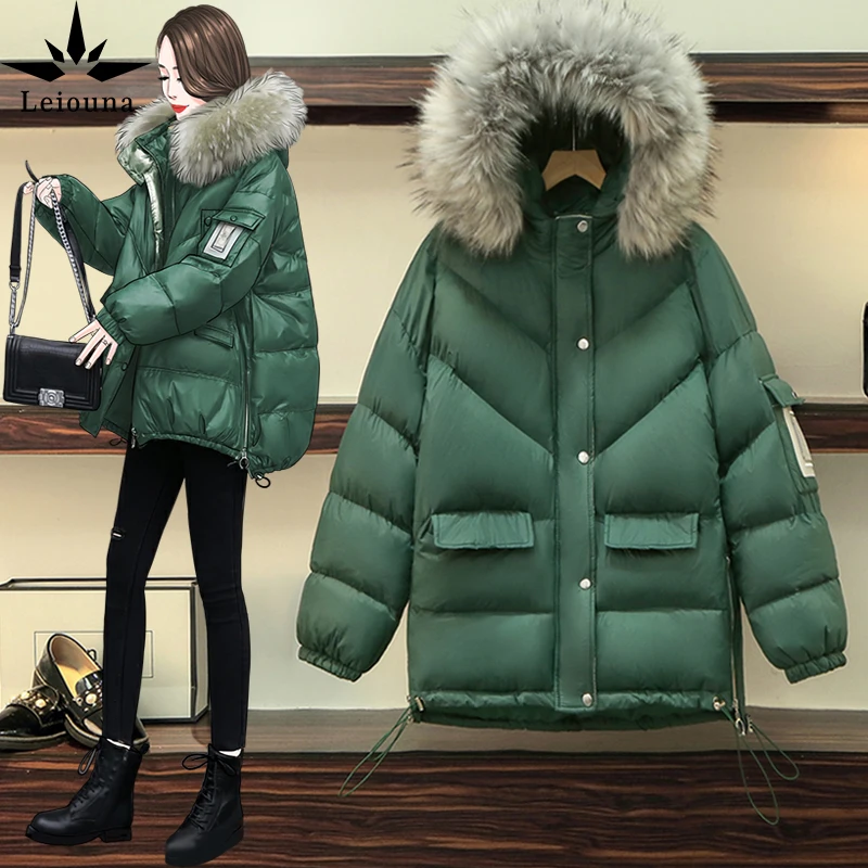 

Leiouna Cotton Women's Winter Green Fat Sister With Hooded Korean Style Loose And Thin Big Size Jacket Bread Coat Parka Coat